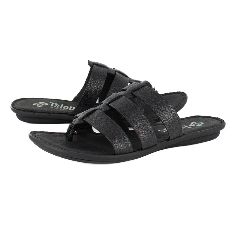 Maroua : Ladies Leather Tslops Sandal in Black Cayak