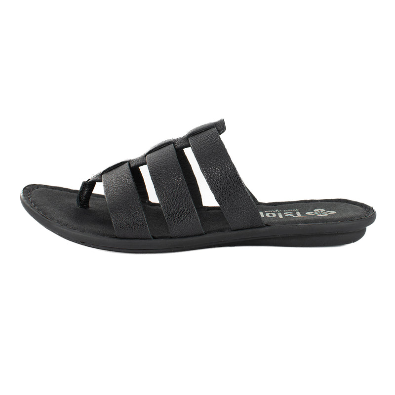 Maroua : Ladies Leather Tslops Sandal in Black Cayak