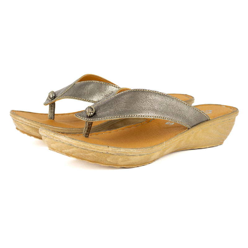Isanya : Ladies Leather Tslops Wedge Heel Sandals in Anthracite Metallic