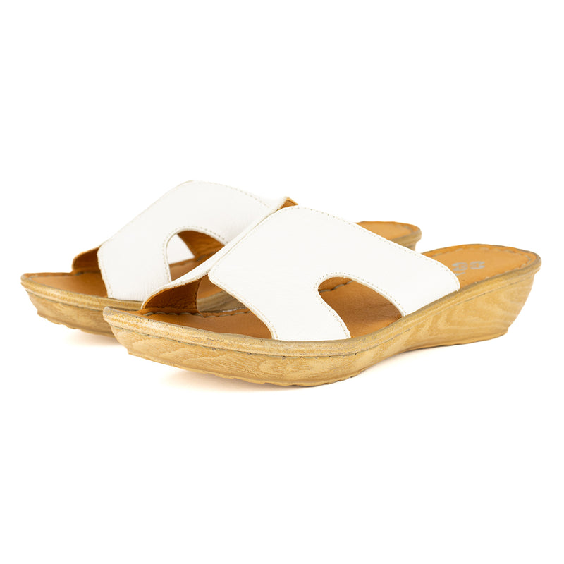 Isibani : Ladies Leather Tslops Wedge Heel Sandals in White Cayak