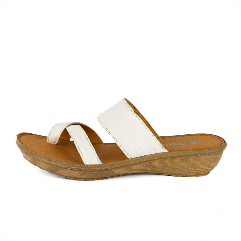 Tutume : Ladies Leather Tslops Wedge Heel Sandals in White Nappa