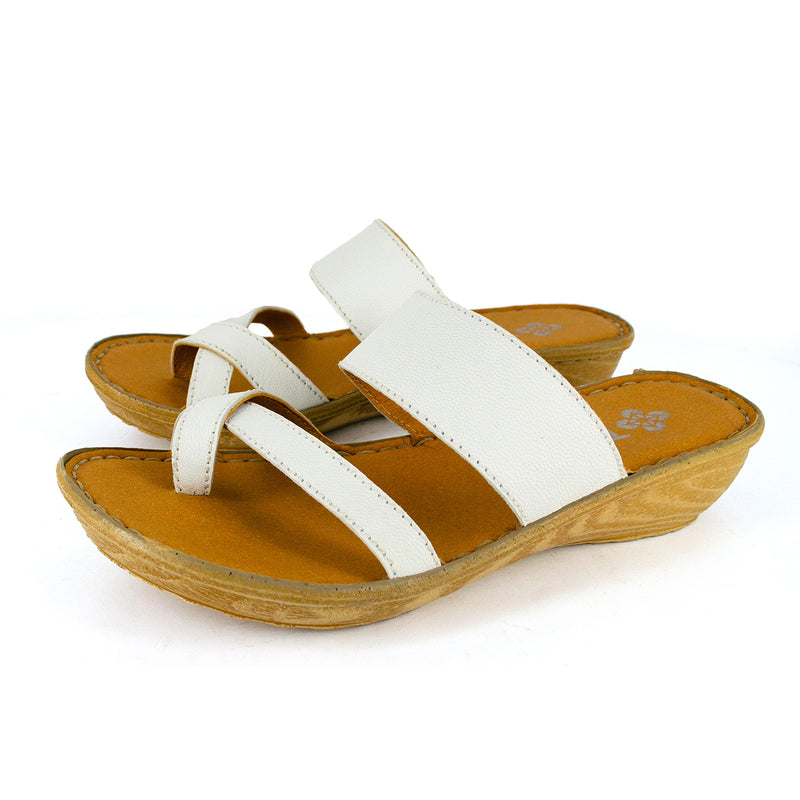 Tutume : Ladies Leather Tslops Wedge Heel Sandals in White Nappa