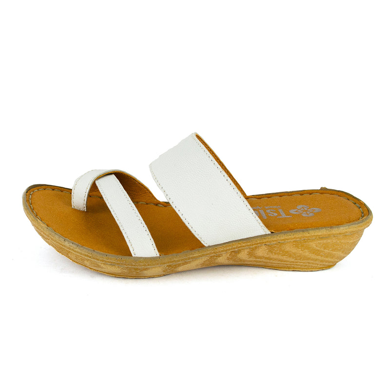 Tutume : Ladies Leather Tslops Wedge Heel Sandals in White Nappa