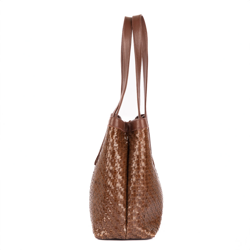 Masingita : Ladies Woven Leather Shopper Handbag in Choc Seneca & Cafe Cayak