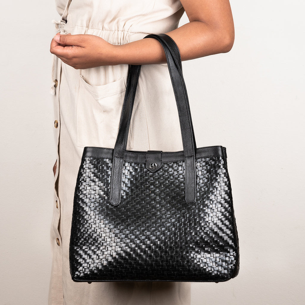 Black woven online handbag