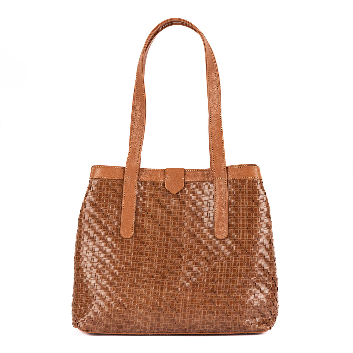 Masingita Ladies Woven Leather Shopper Handbag in Cognac Seneca Oak Cayak