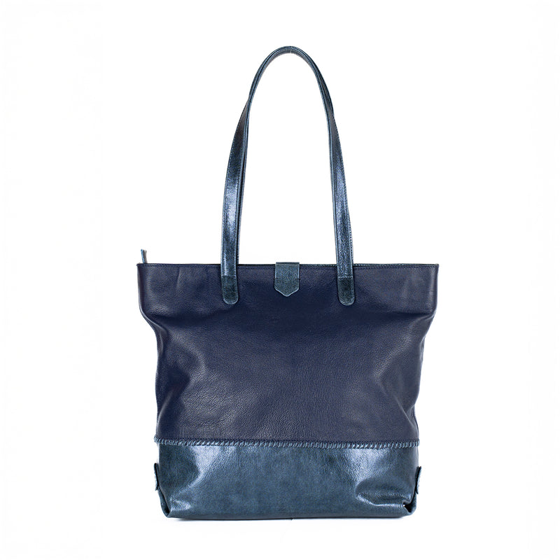 Omari : Ladies Leather Shopper Handbag in Marine and Spazio Cayak/Metallic