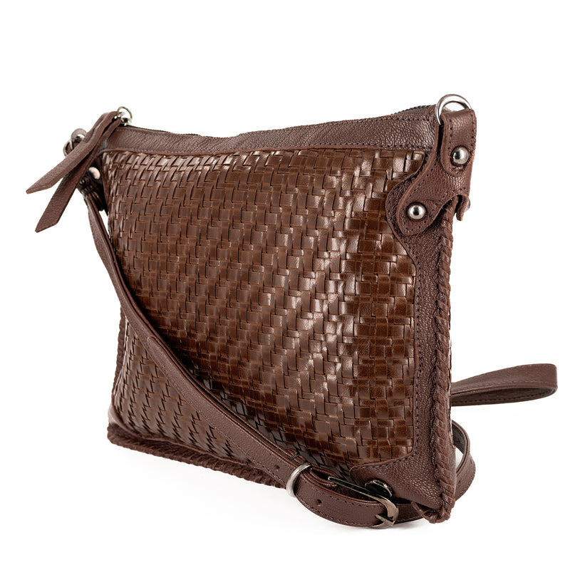 Onalo : Ladies Leather Crossbody Handbag in Choc Seneca & Cafe Cayak