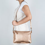 Rantu : Ladies Leather Crossbody Handbag in Rose Gold Mettalic