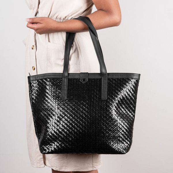 Simkhethi : Ladies Woven Leather Shopper Handbag in Black Seneca & Relaxa