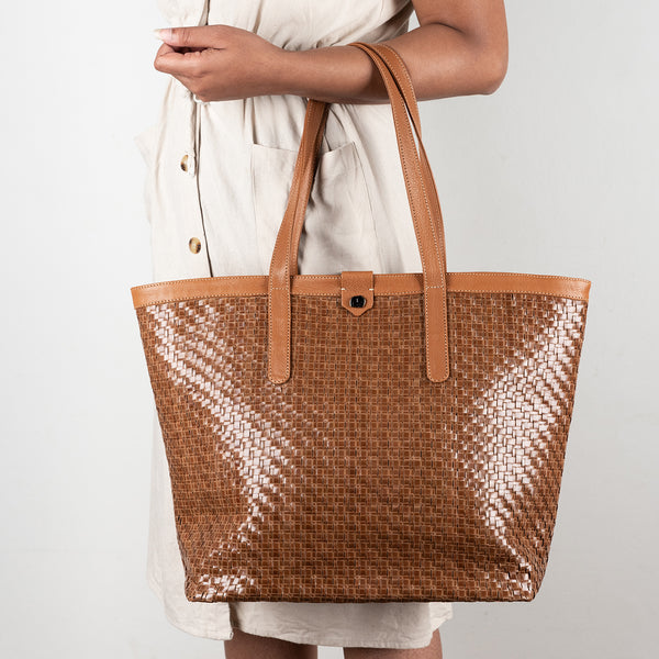 Simkhethi : Ladies Woven Leather Shopper Handbag in Cognac Seneca & Oak Cayak