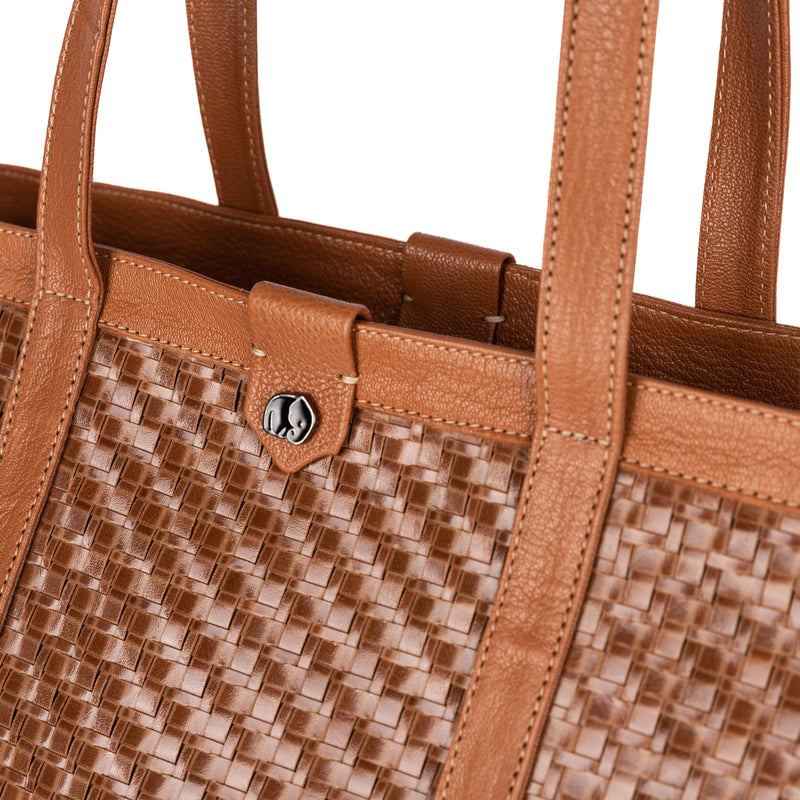 Simkhethi : Ladies Woven Leather Shopper Handbag in Cognac Seneca & Oak Cayak