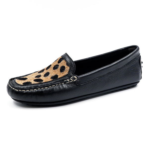 Imbodla : Ladies Leather Moccasin in Black Cayak & Spotted Print