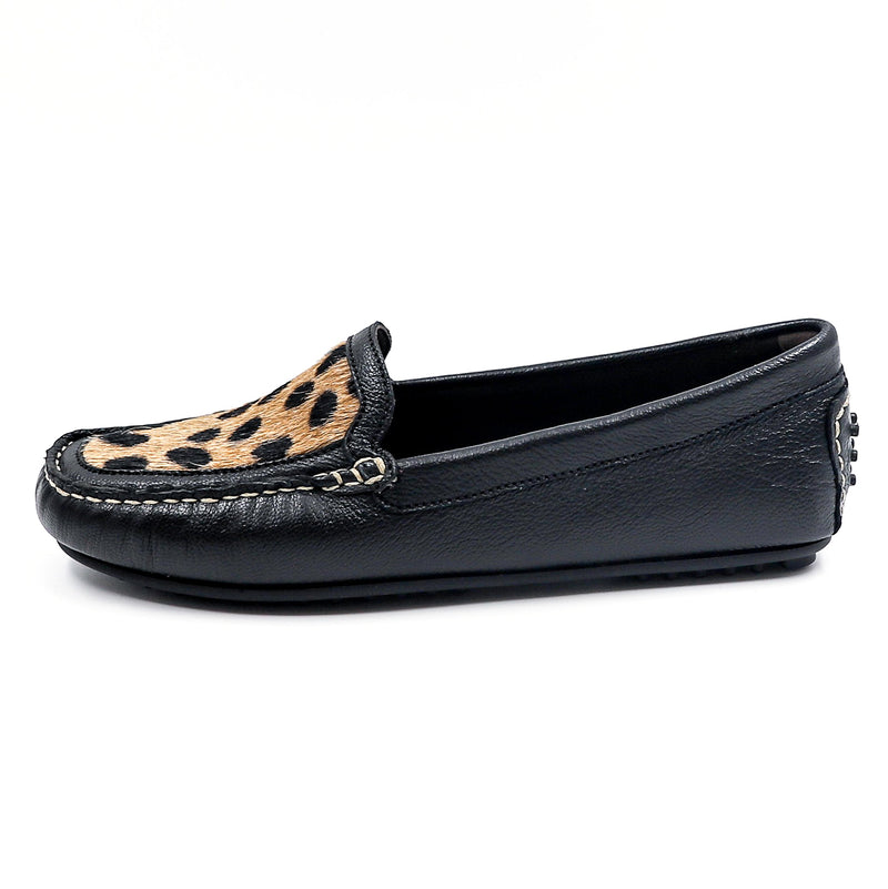 Imbodla : Ladies Leather Moccasin in Black Cayak & Spotted Print