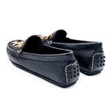 Imbodla : Ladies Leather Moccasin in Black Cayak & Spotted Print