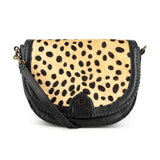 Nadira : Ladies Leather Crossbody Handbag in Black Vintage & Spotted Print