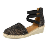 Injaywezi : Ladies Leather Mid-Heel Wedge Espadrille in Nero Rockafella