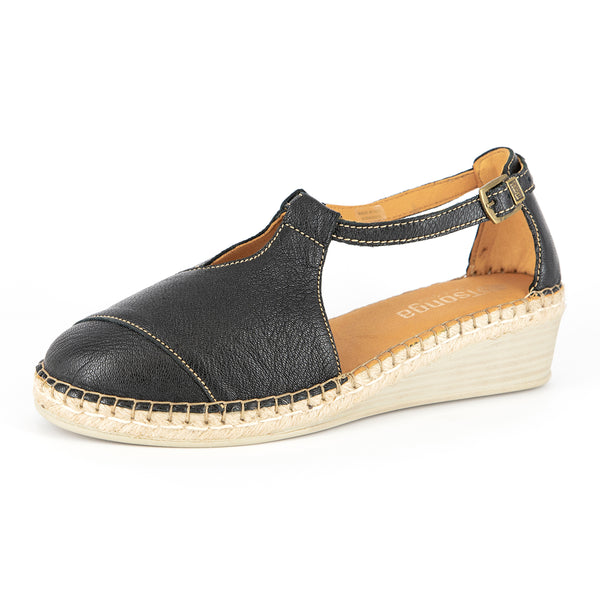 Lolonga : Ladies Leather Wedge Espadrille in Black Cayak