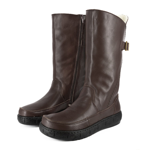 Maluju : Ladies 100% Wool-Lined Leather Mid-Calf Boot in Choc Delta