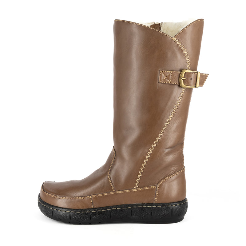 Maluju : Ladies 100% Wool-Lined Leather Mid-Calf Boot in Caramel Relaxa