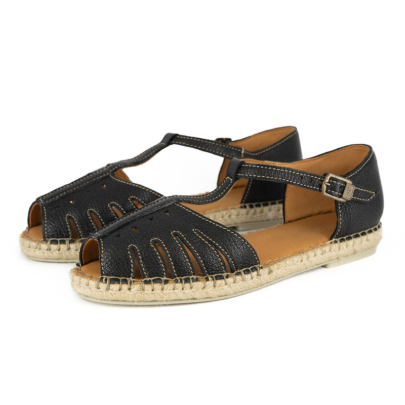 Limited Edition Kubelula : Ladies Leather Espadrille Shoe in Black Cayak