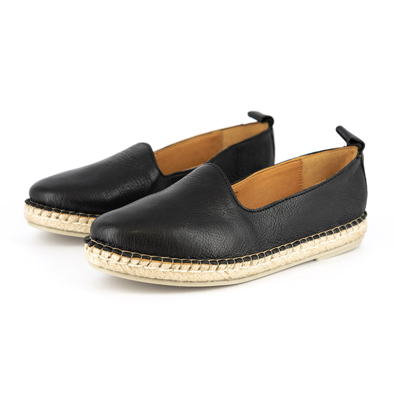 Indzima : Ladies Leather Espadrille Shoe in Black Delta