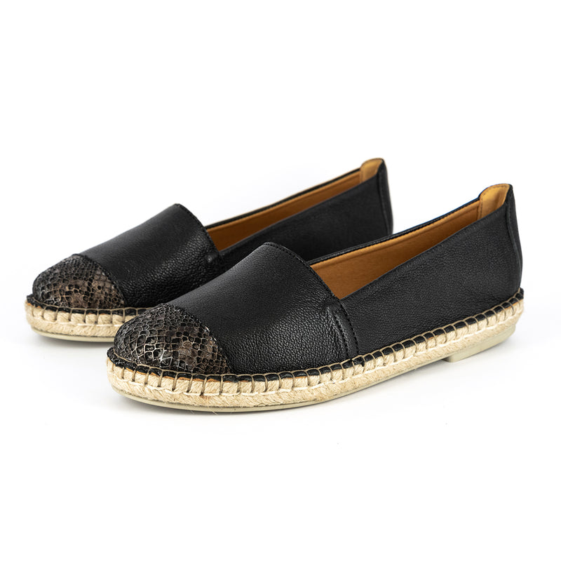 Consisela : Ladies Leather Espadrille Shoe in Black Cayak & Nero Rocka ...