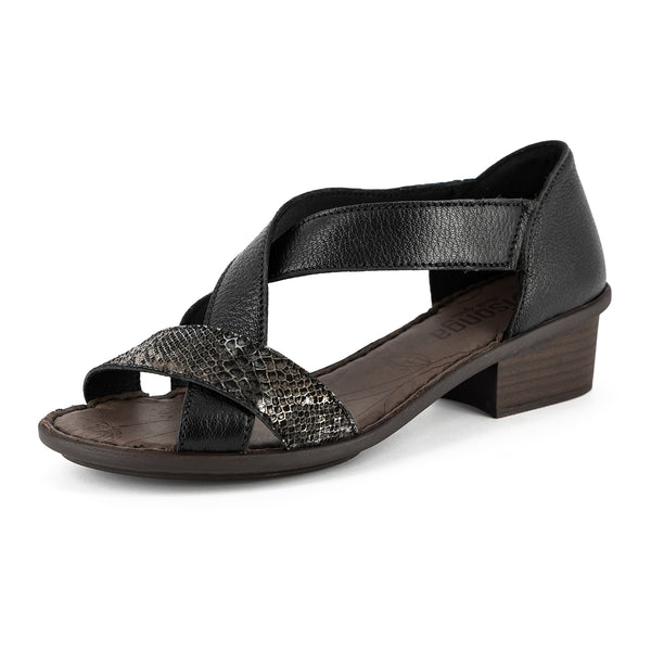 Ukugeza : Ladies Leather Mid-Heel Sandal in Black Cayak & Nero Rockafella