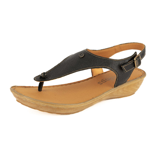 Barundi : Ladies Leather Tslops Wedge Heel Sandals in Black Cayak