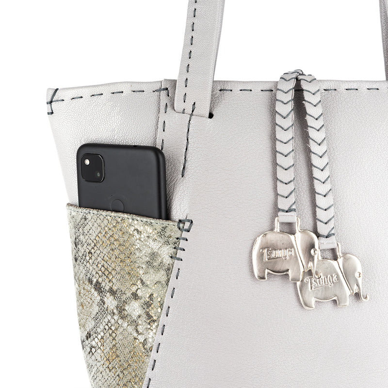 Anesu : Ladies Leather Shopper Handbag in Quarry Cayak and Opal Rockafella