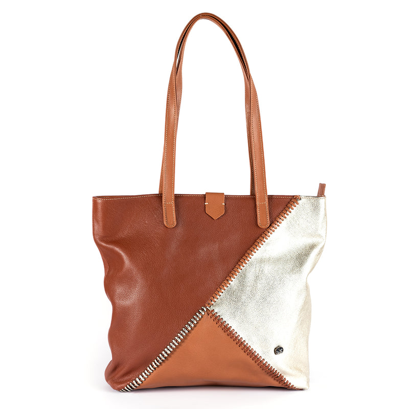 Awonke : Ladies Leather Shopper Handbag in Suede & Oak Cayak and Platino Metal Grain