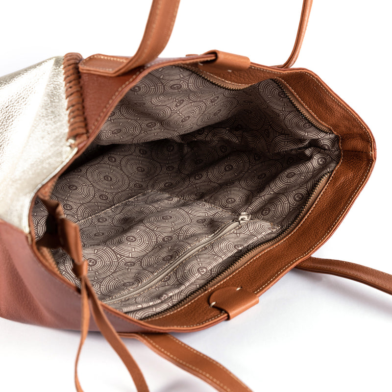 Awonke : Ladies Leather Shopper Handbag in Suede & Oak Cayak and Platino Metal Grain