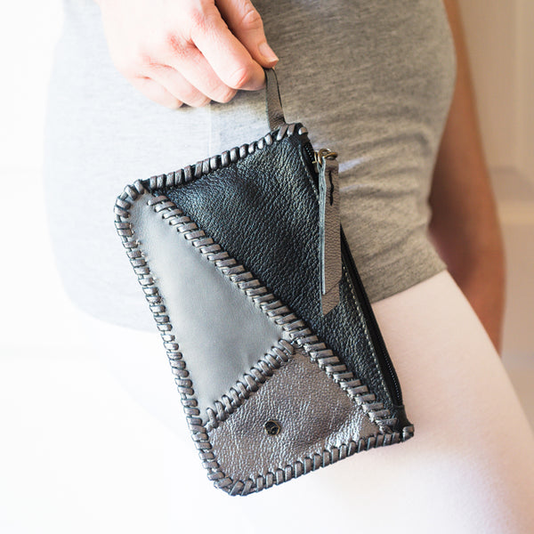 Kutanda : Ladies Leather Clutch Purse in Black, Highrise Vintage and Anthracite Metal Grain