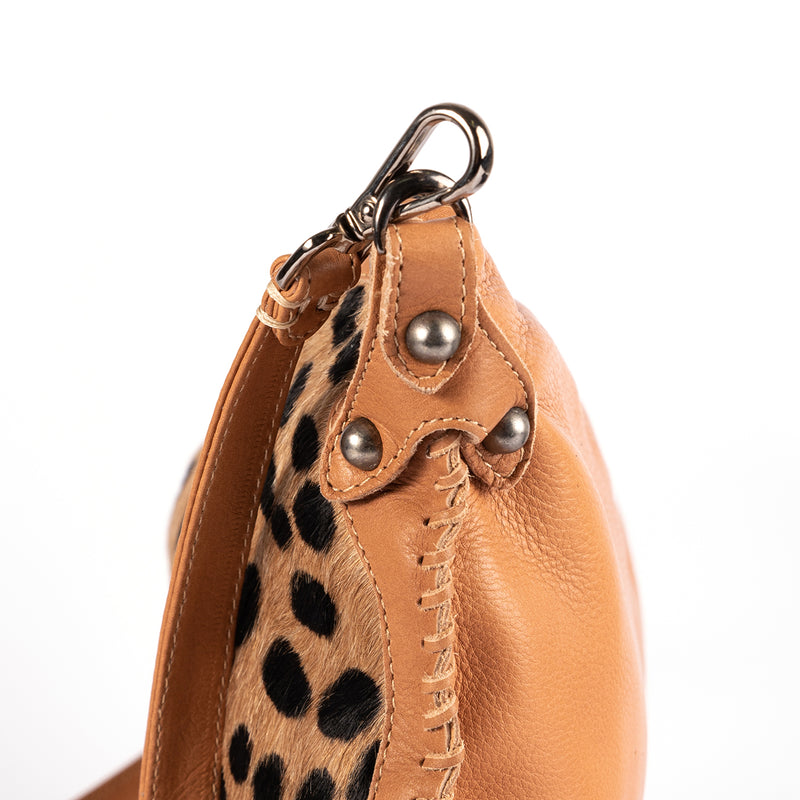 Maduva : Ladies Leather Crossbody Handbag in Spotted Print and Tan Vintage