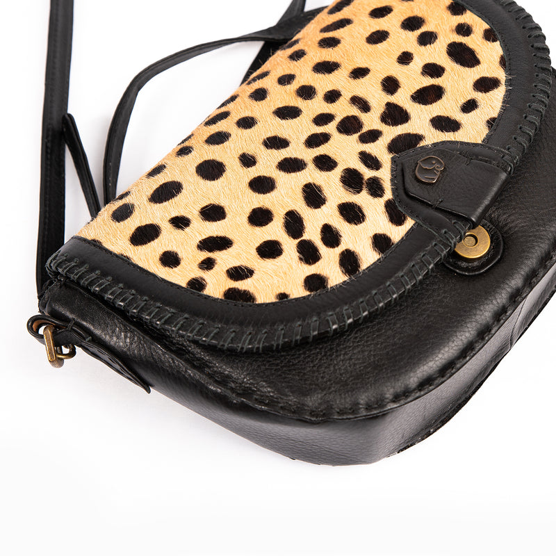 Nadira : Ladies Leather Crossbody Handbag in Black Vintage & Spotted Print