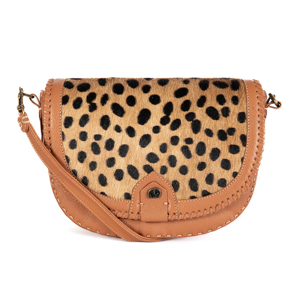 Nadira : Ladies Leather Crossbody Handbag in Oak Cayak & Spotted Print