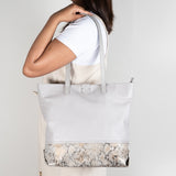 Omari : Ladies Leather Shopper Handbag in Quarry Cayak & Opal Rockafella