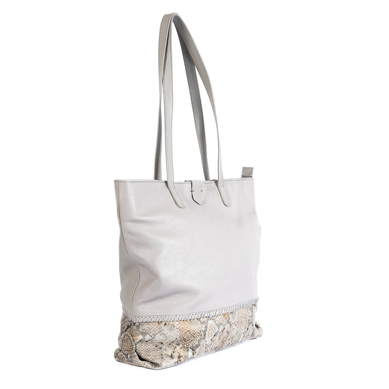 Omari : Ladies Leather Shopper Handbag in Quarry Cayak & Opal Rockafella