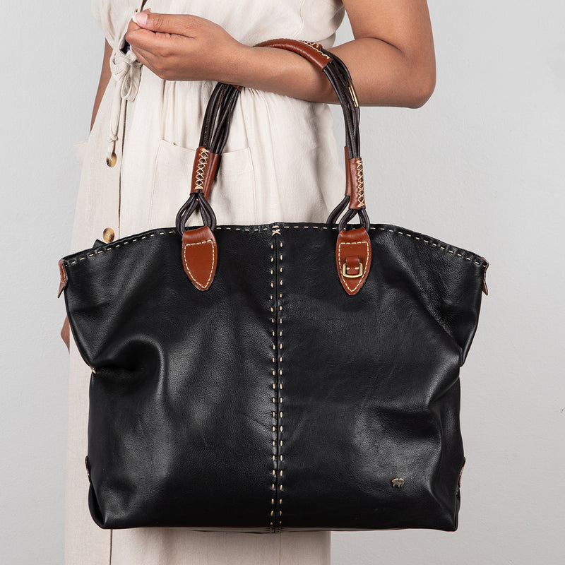 Refiloe : Ladies Leather Shopper & Crossbody Handbag in Black Delta