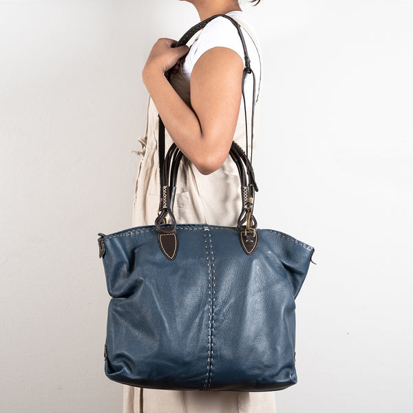 Refiloe : Ladies Leather Shopper & Crossbody Handbag in Denim Cayak