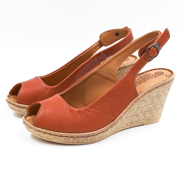 Zangemuva : Ladies Leather Peep-Toe High-Heel Wedge Sandal in Burnt Orange Pietra